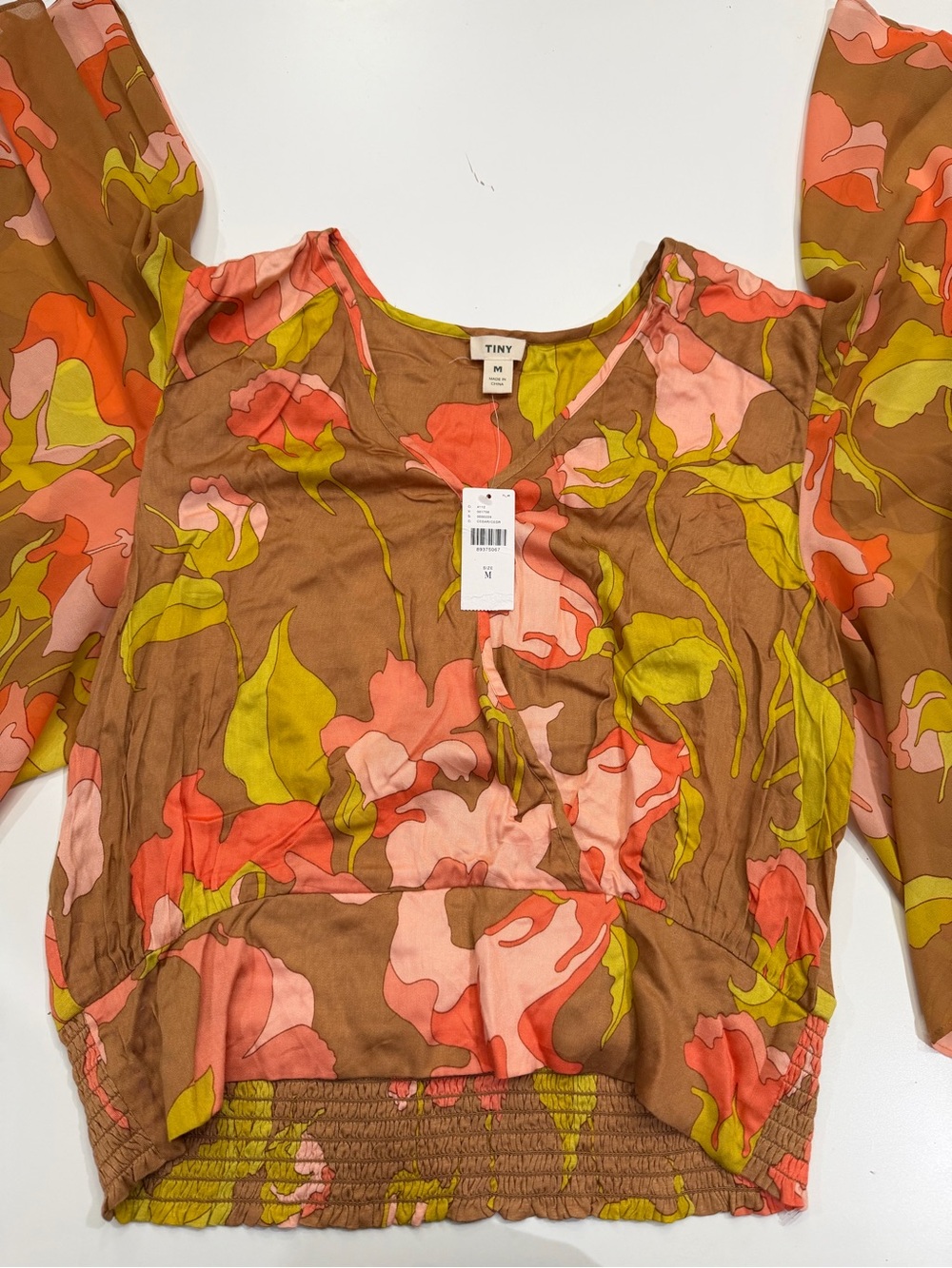 TINY Floral V-Neck Blouse in Brown and Coral